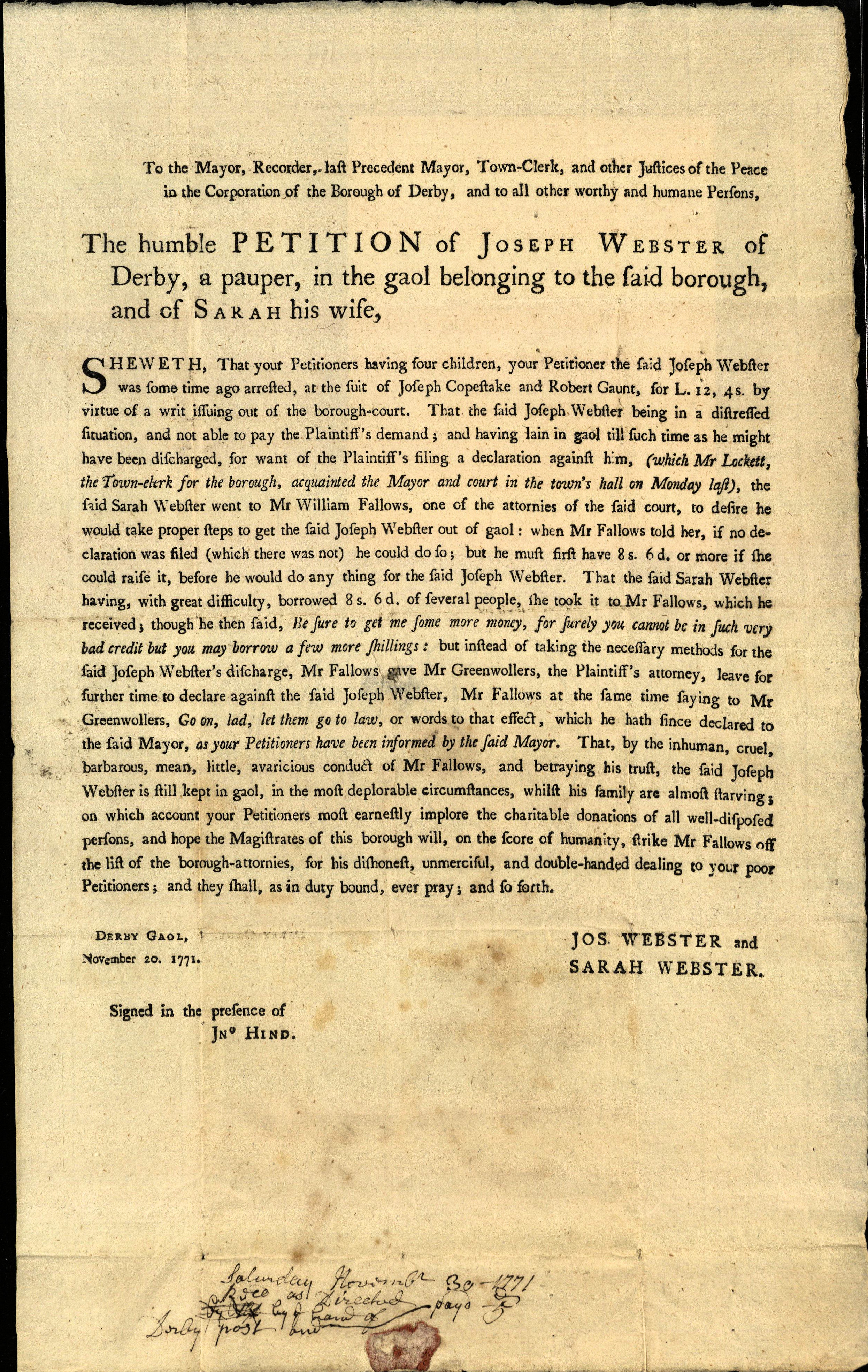 The humble petition of Joseph Webster, 1771