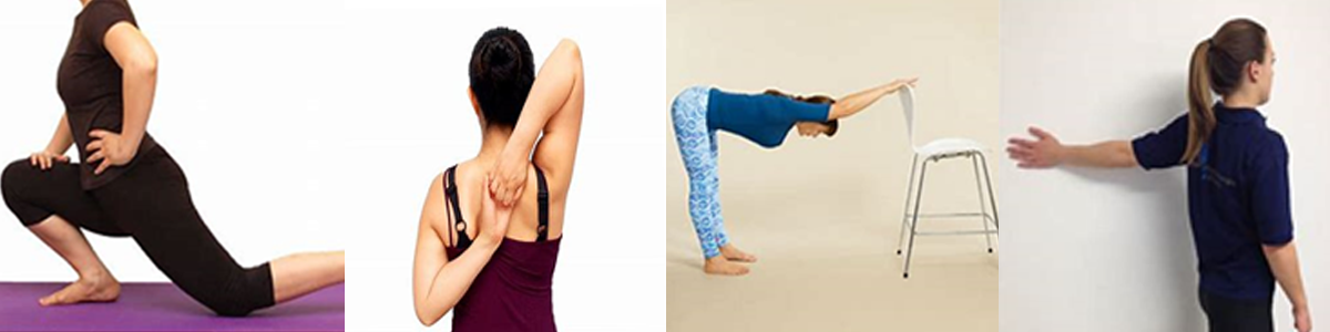 first women stretching on knees and making back extension. women with her back towards the camera with her right arm stretched over her back and grabbing it with her left arm to stretch her back. third women has legs straight and bended to the back of a c