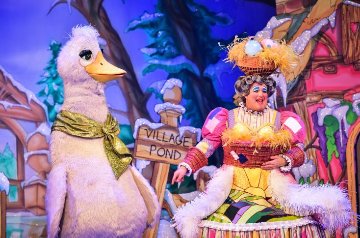 The goose and Mother Goose in the Derby Arena panto