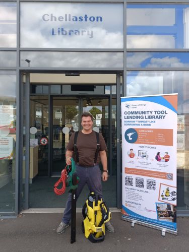 Happy lender of the community tools outside Chellaston Library