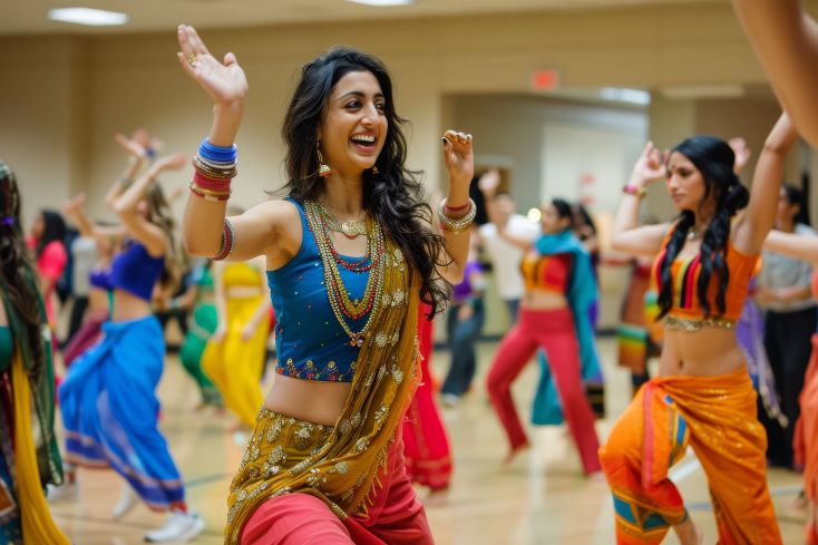 A group of dancers practice.